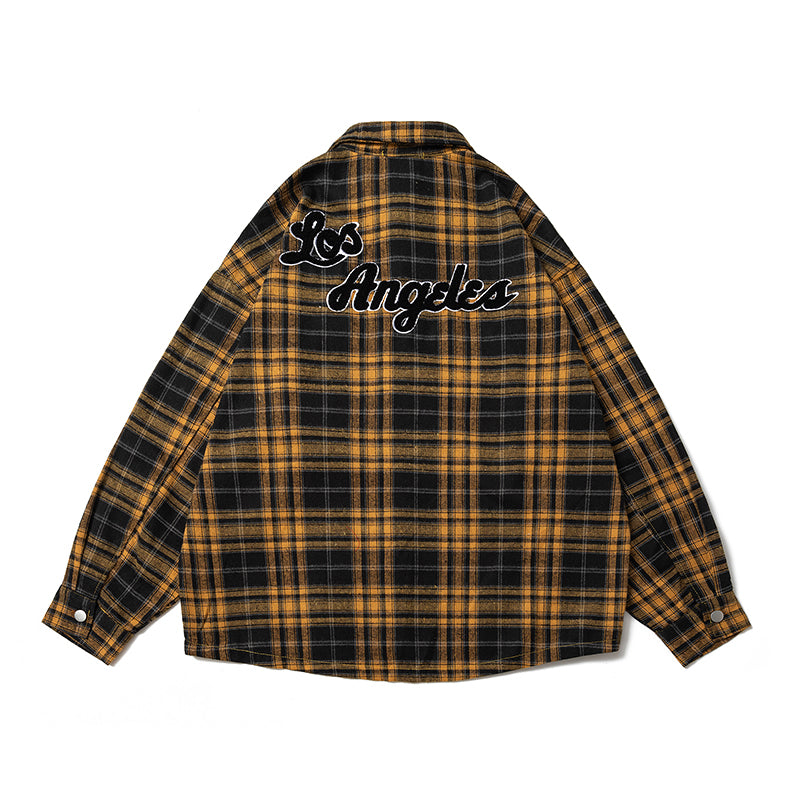 Autumn Towel Embroidery Color-blocking Retro Checkered Shirt for Men, Trendy Long-sleeved Shirt Coat for Women