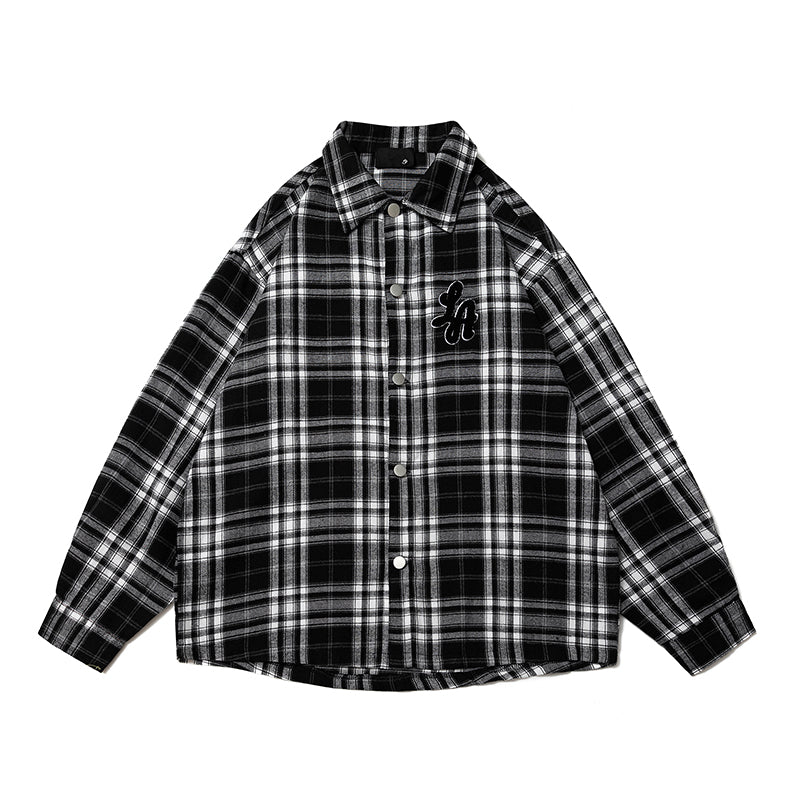Autumn Towel Embroidery Color-blocking Retro Checkered Shirt for Men, Trendy Long-sleeved Shirt Coat for Women