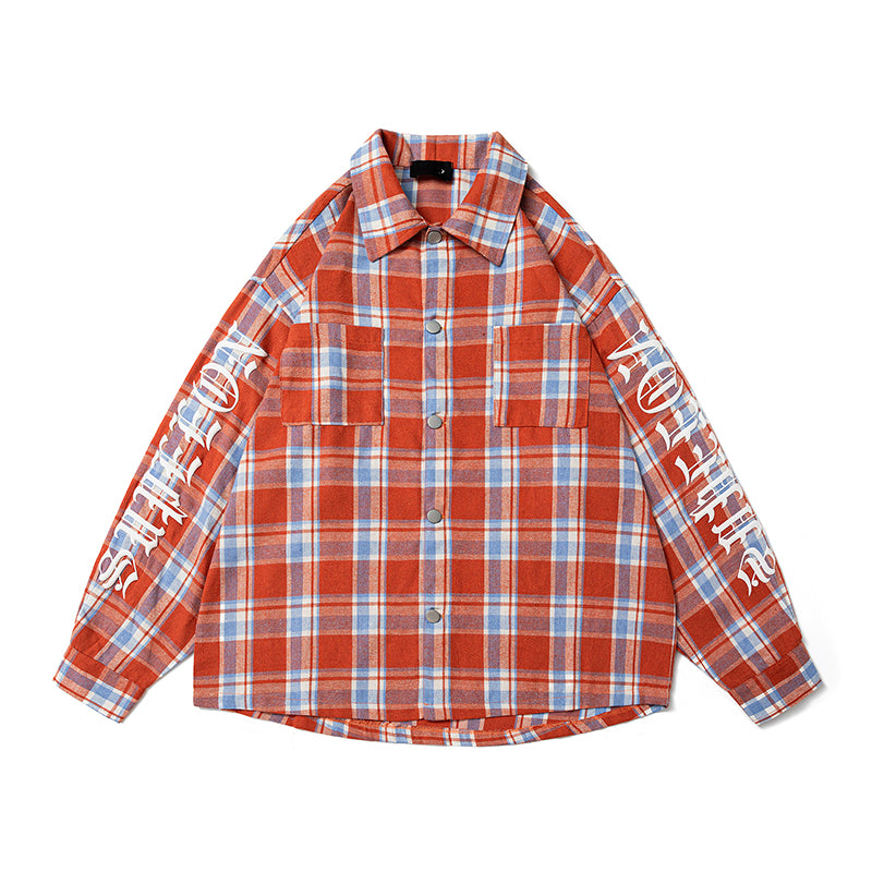 A Checkered Letter Printed Shirt Jacket for Men, A Casual, Loose and Laid-back Style Thin Long-sleeved Shirt from An INS Streetwear Brand