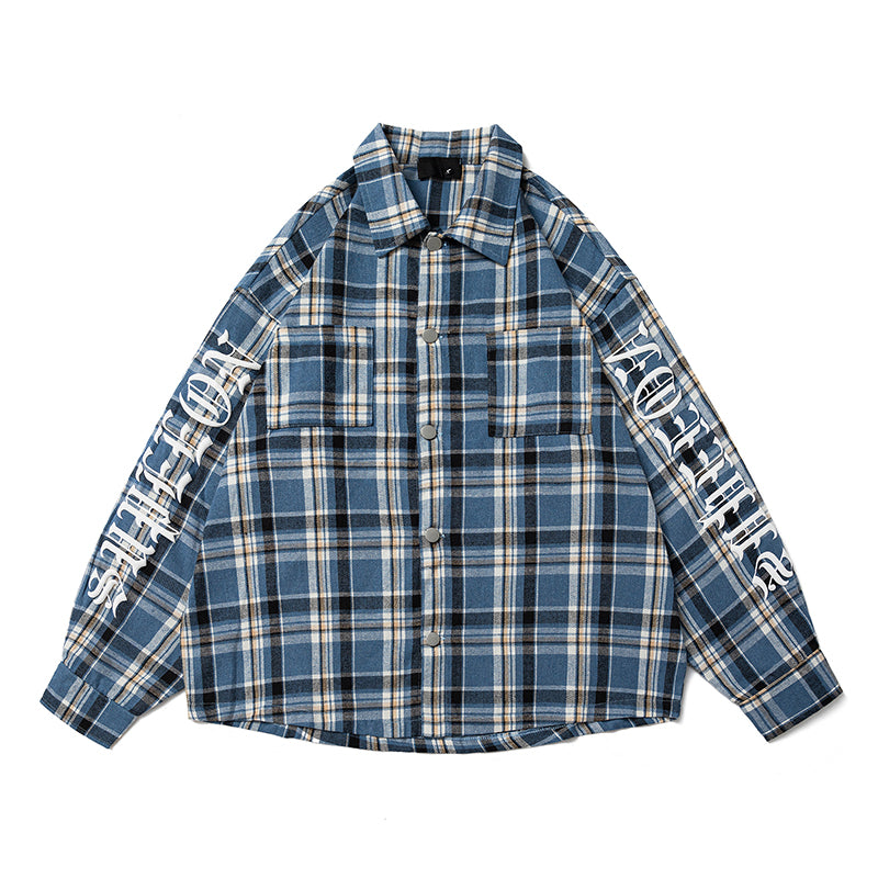 A Checkered Letter Printed Shirt Jacket for Men, A Casual, Loose and Laid-back Style Thin Long-sleeved Shirt from An INS Streetwear Brand
