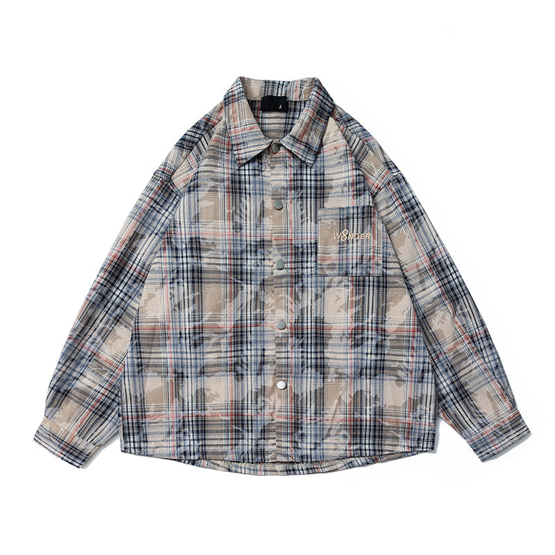 Spring and Autumn American Retro Embroidered Red Checkered Sun Protection Shirt, Men's Trendy Brand Long-sleeved Loose and Niche Shirt Jacket