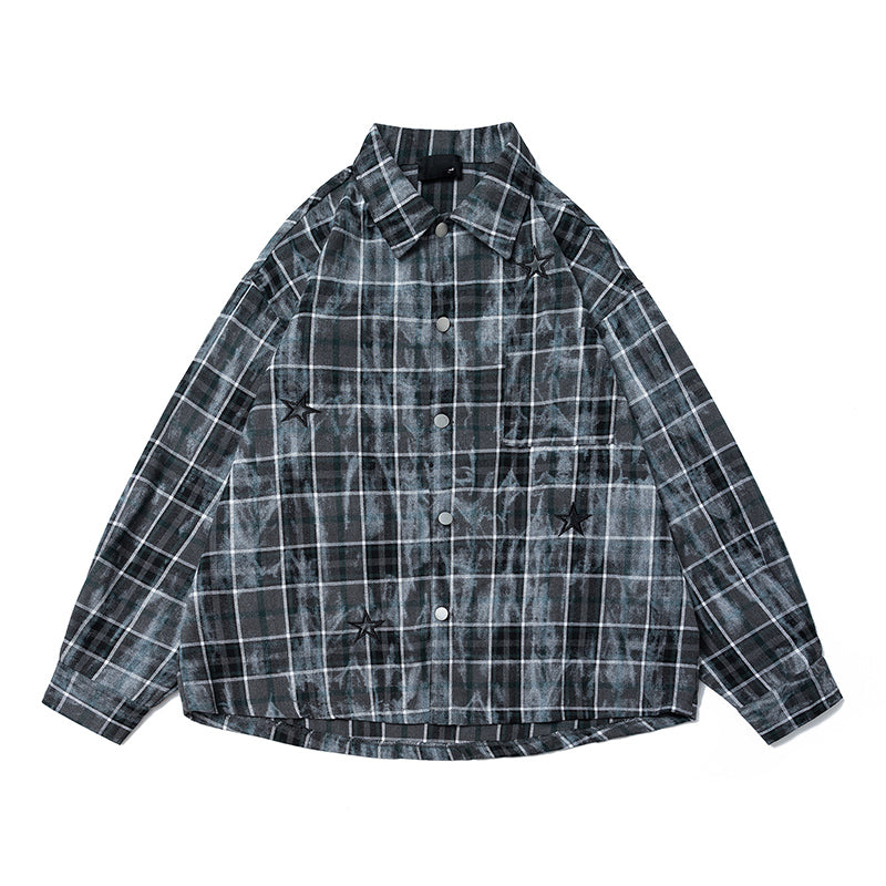 American Hip-hop Tie-dye Checked Shirt, Loose Autumn Jacket for Men and Women, A Trendy Brand