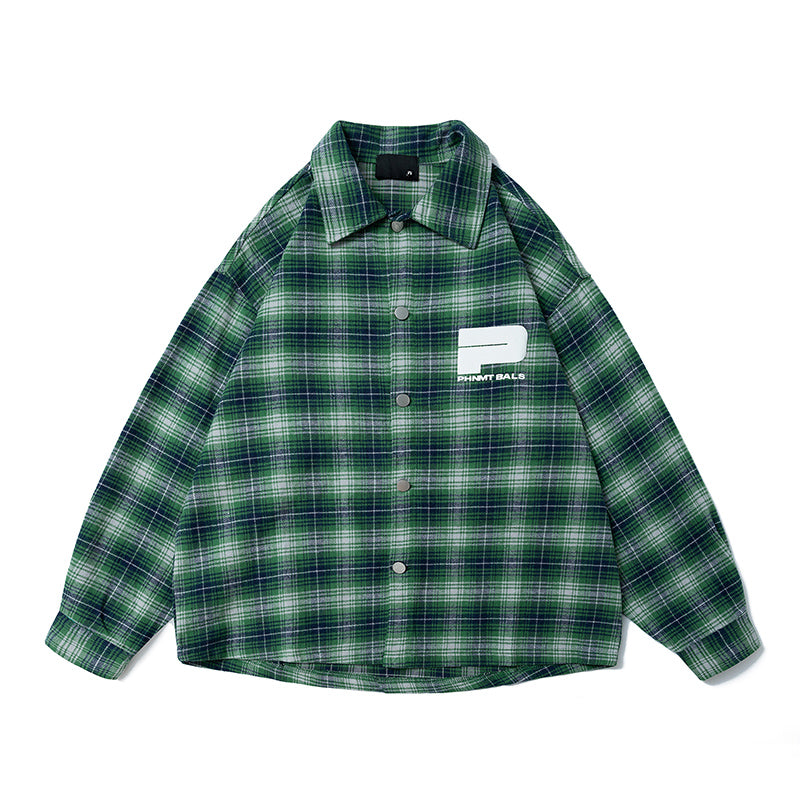 The New Matcha Green Checkered Shirt for Boys and Teenagers in Autumn is A Vintage Shirt with A Japanese Retro and High-end Feel
