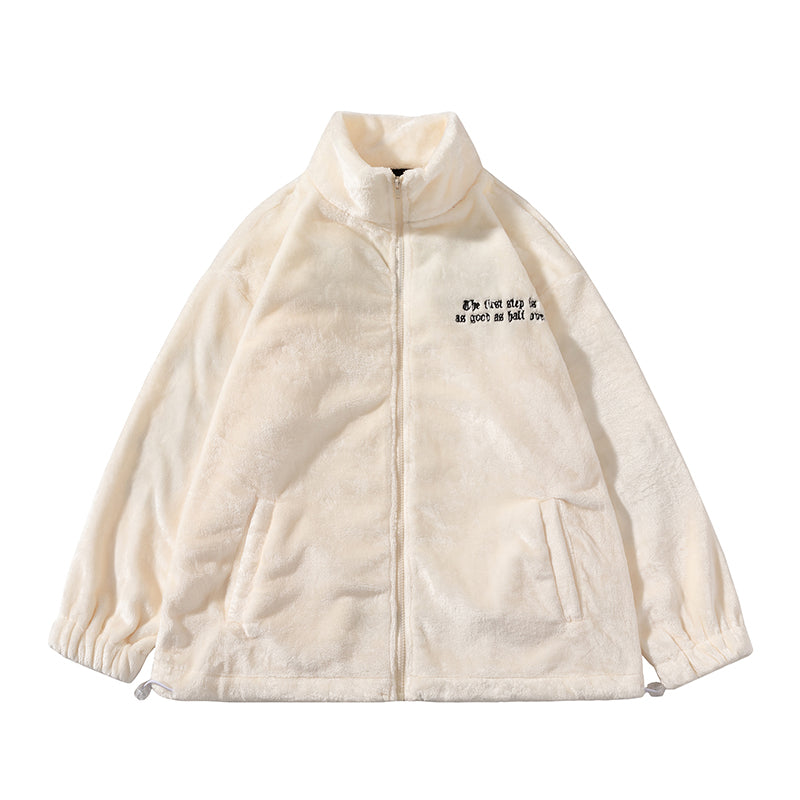 New Winter Men's Wear Lettered Plush Stand-up Collar Top, A Trendy Men's Embroidered Street Loose Bf Casual Warm Jacket
