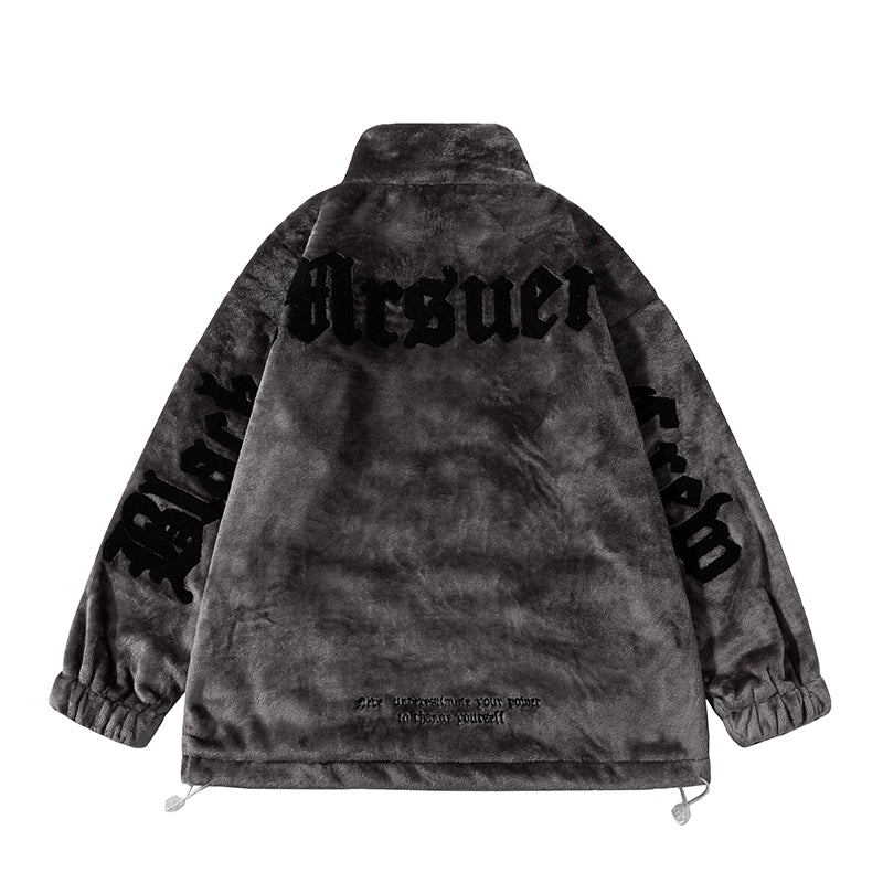 New Winter Men's Wear Lettered Plush Stand-up Collar Top, A Trendy Men's Embroidered Street Loose Bf Casual Warm Jacket