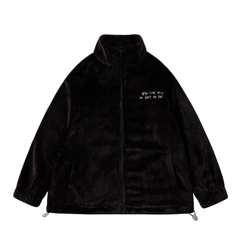 New Winter Men's Wear Lettered Plush Stand-up Collar Top, A Trendy Men's Embroidered Street Loose Bf Casual Warm Jacket