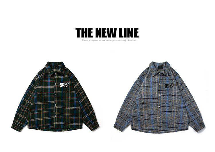 A New Japanese-style Retro Checkered Lapel Shirt Jacket for Men's Spring and Autumn, Featuring A Cool and Stylish Chanel-style Casual Jacket