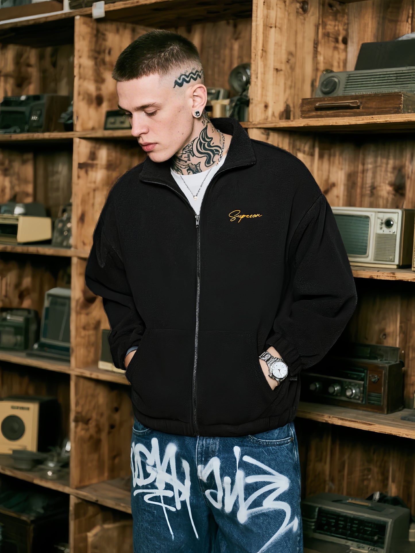 American Style Zipper Cardigan Hoodless Sweatshirt Men's Stand Collar Loose Trend Spring and Autumn Youth Sports Casual Jacket