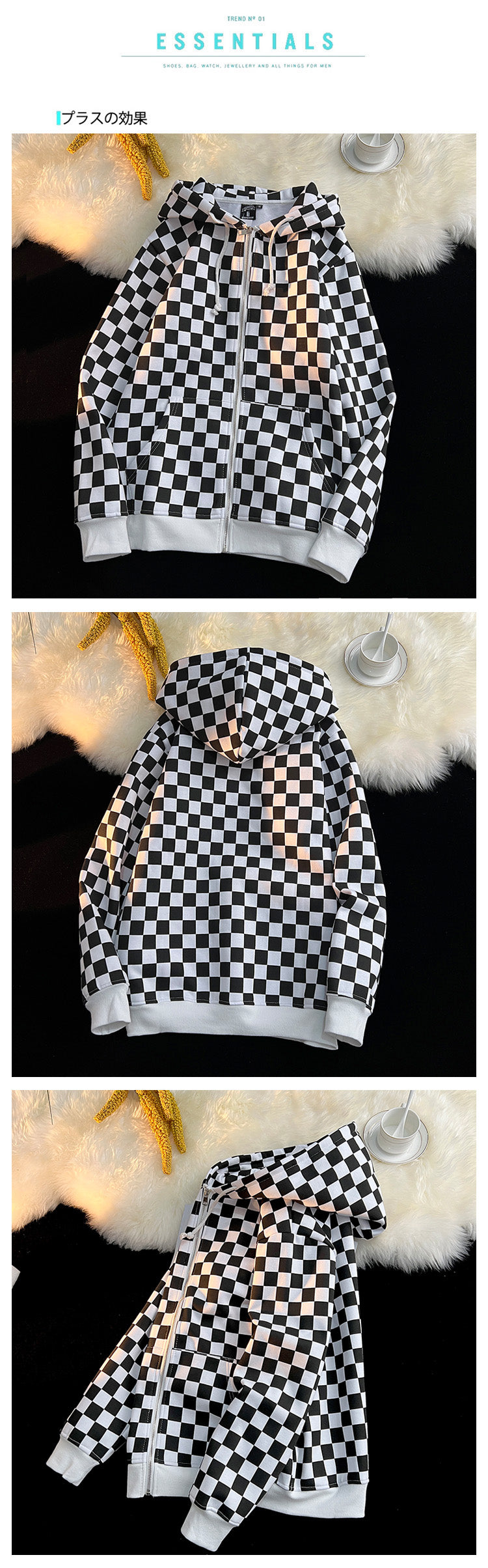 Racing Black and White Checkered Cardigan Fleece Warm Hooded Sweatshirt Jacket