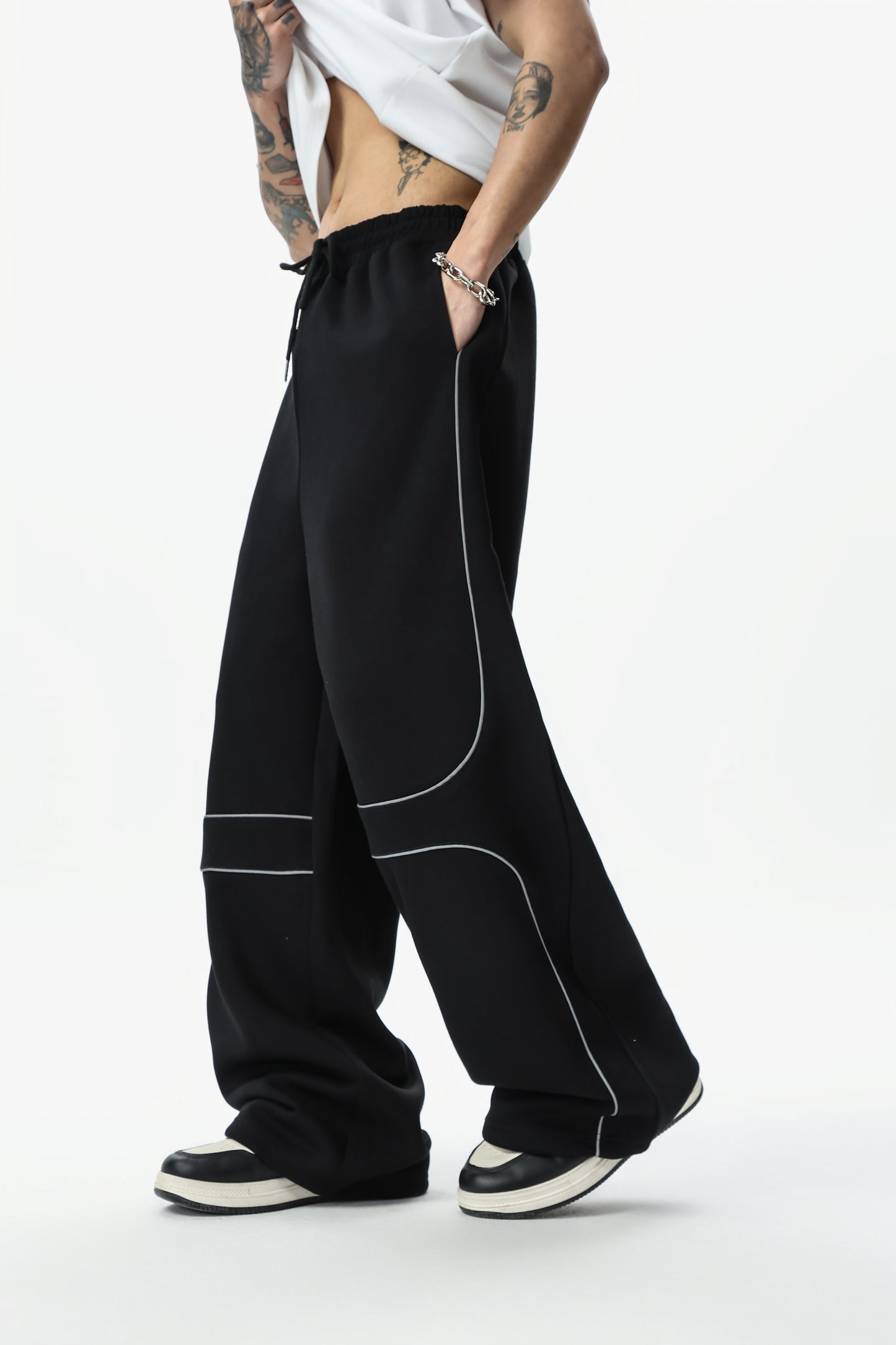 Spring and Summer American-style Luminous Stripe Versatile Sports Sweatpants for Women, Straight-leg Solid Color Loose Wide-leg Men's Casual Trousers