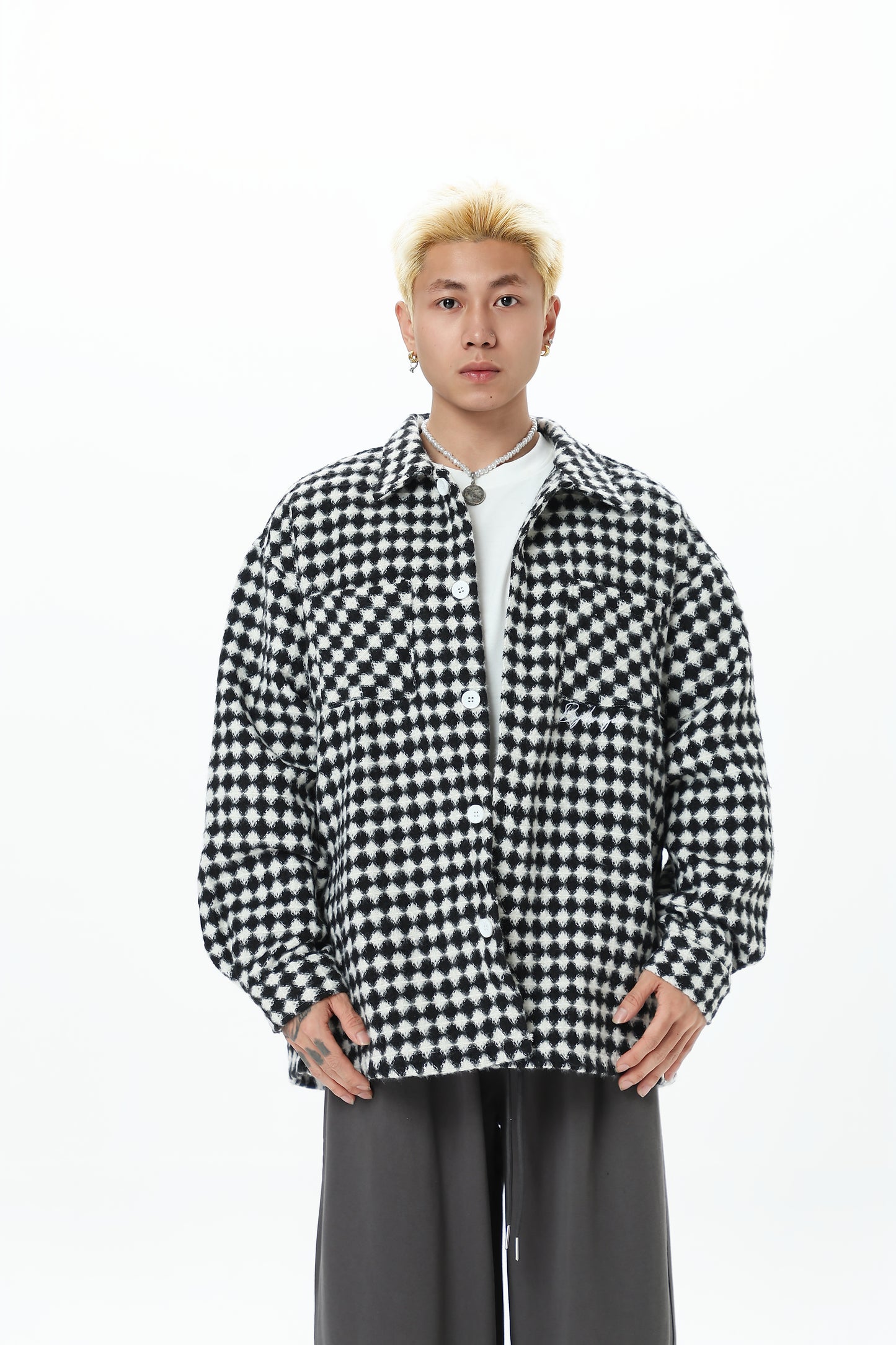 Thousand Bird Check American Retro High Street Vibe Chanel-style Jacket for Men, Spring Checked Shirt, Trendy Brand, High-end, Loose Lapel Jacket for Women