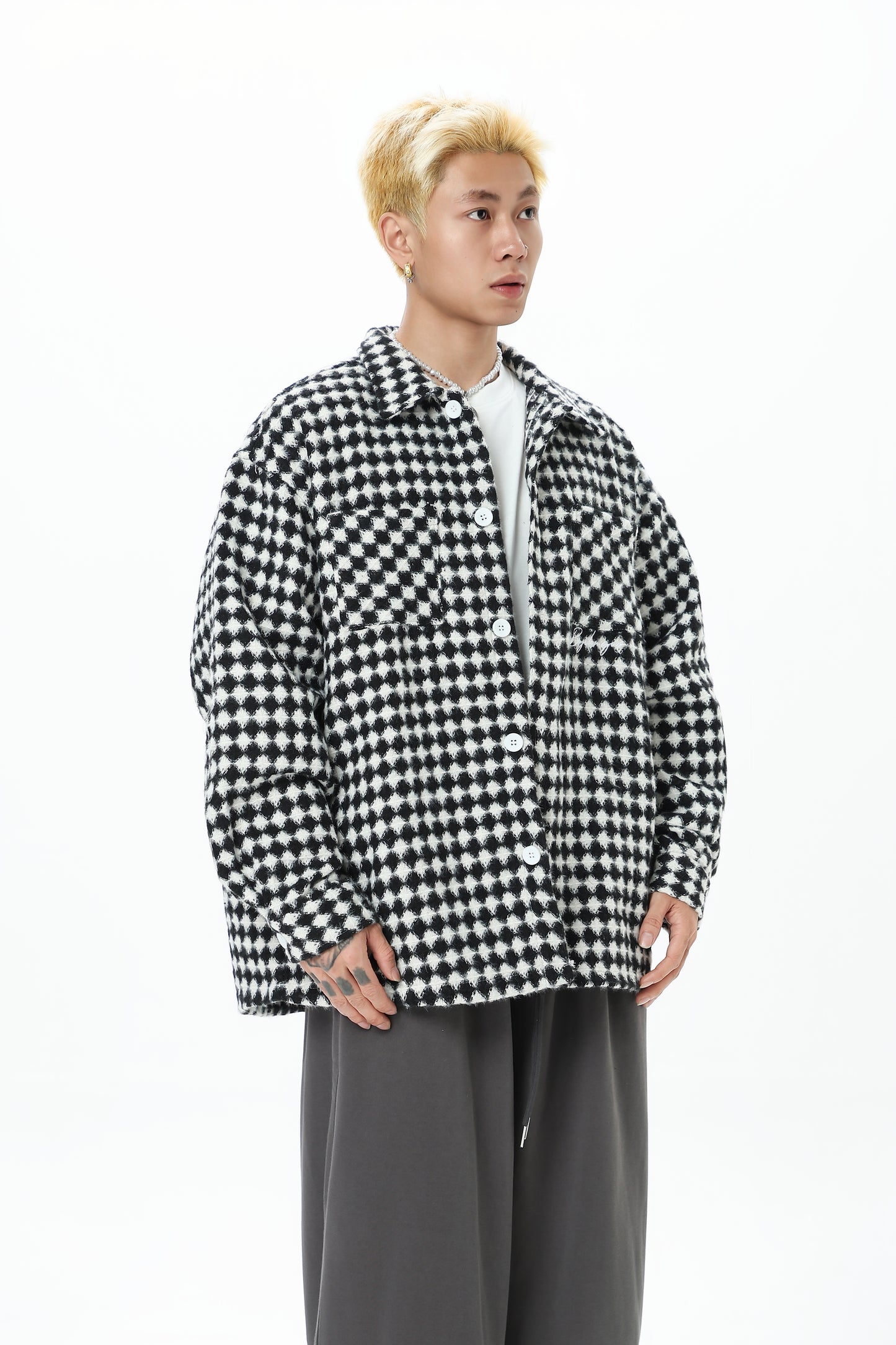 Thousand Bird Check American Retro High Street Vibe Chanel-style Jacket for Men, Spring Checked Shirt, Trendy Brand, High-end, Loose Lapel Jacket for Women