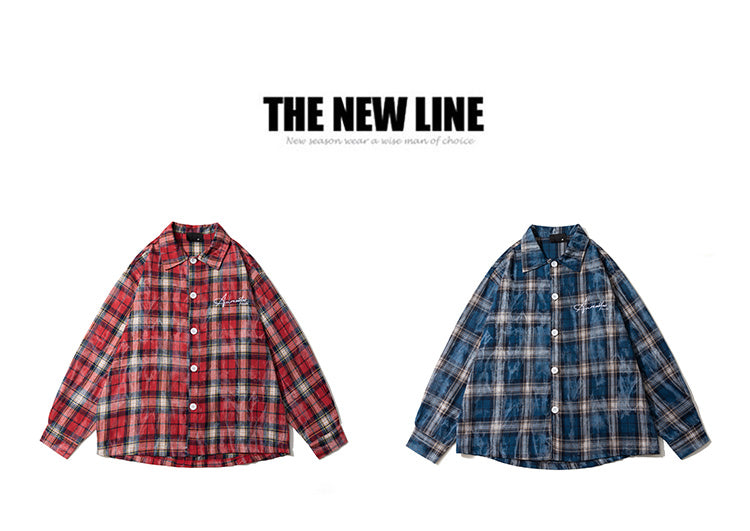 Spring and Autumn American Retro Embroidered Red Checkered Sun-protective Shirts for Men and Women, Long-sleeved Loose Shirt Jackets