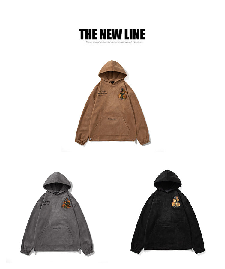 Japanese Men's Suede Hooded Sweatshirt for Autumn and Winter New Collection, A Trendy Brand Retro Embroidered Loose Jacket