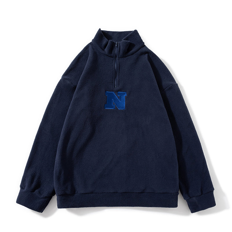 Fleece Embroidered Letter Stand-up Collar Zipper Hoodie