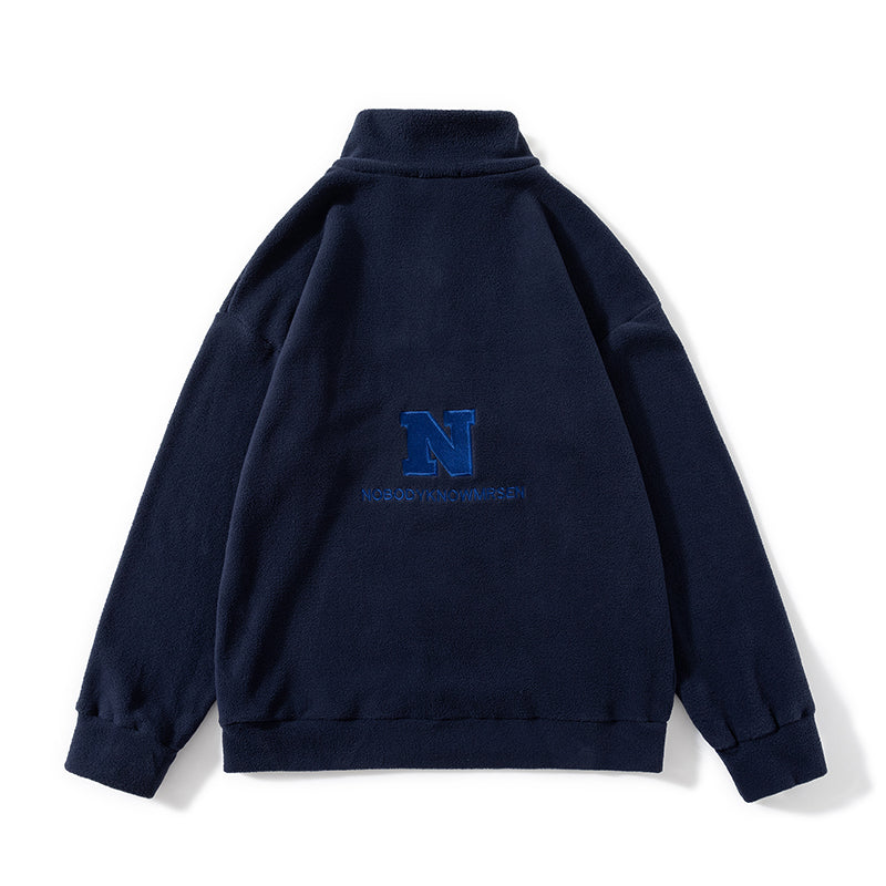 Fleece Embroidered Letter Stand-up Collar Zipper Hoodie