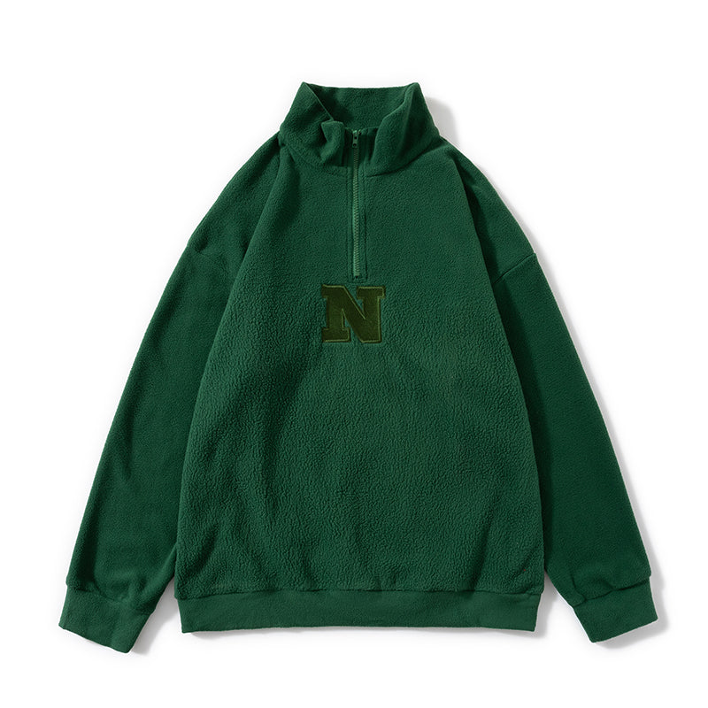 Fleece Embroidered Letter Stand-up Collar Zipper Hoodie