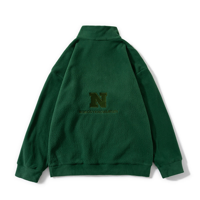 Fleece Embroidered Letter Stand-up Collar Zipper Hoodie