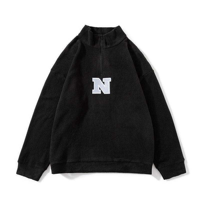 Fleece Embroidered Letter Stand-up Collar Zipper Hoodie
