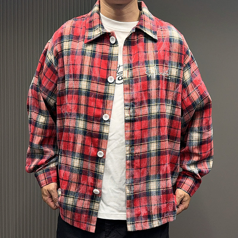 Spring and Autumn American Retro Embroidered Red Checkered Sun-protective Shirts for Men and Women, Long-sleeved Loose Shirt Jackets