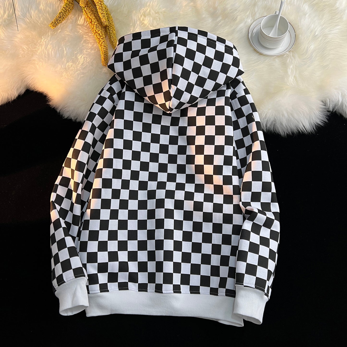 Racing Black and White Checkered Cardigan Fleece Warm Hooded Sweatshirt Jacket