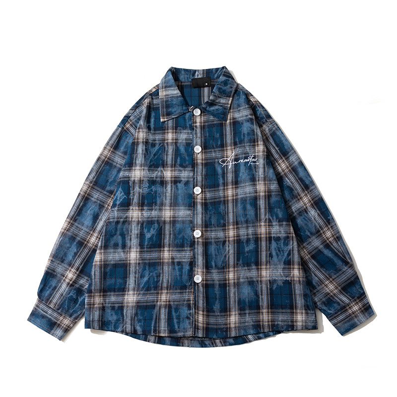 Spring and Autumn American Retro Embroidered Red Checkered Sun-protective Shirts for Men and Women, Long-sleeved Loose Shirt Jackets