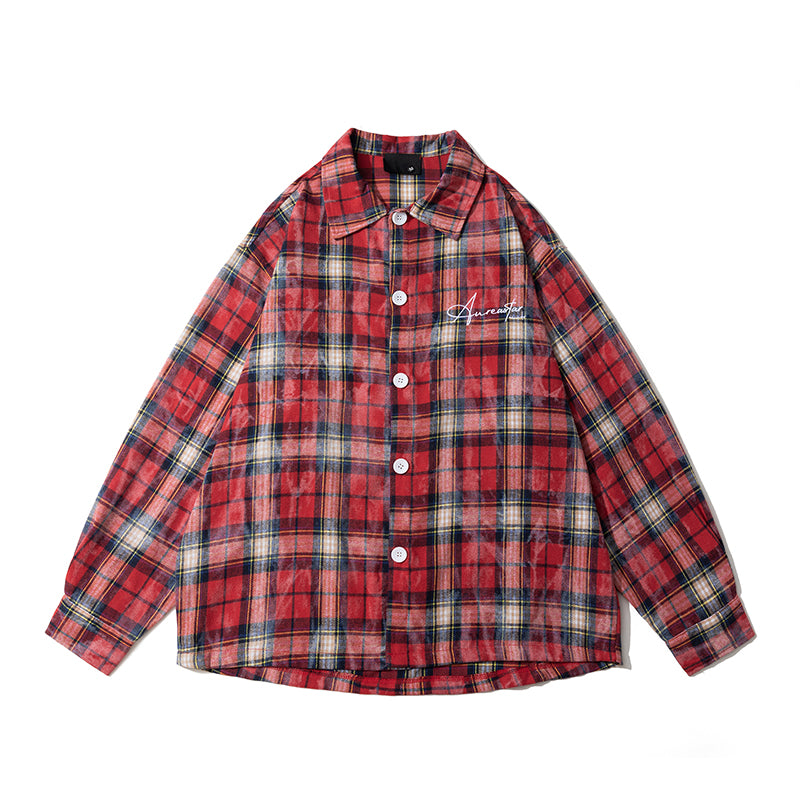 Spring and Autumn American Retro Embroidered Red Checkered Sun-protective Shirts for Men and Women, Long-sleeved Loose Shirt Jackets