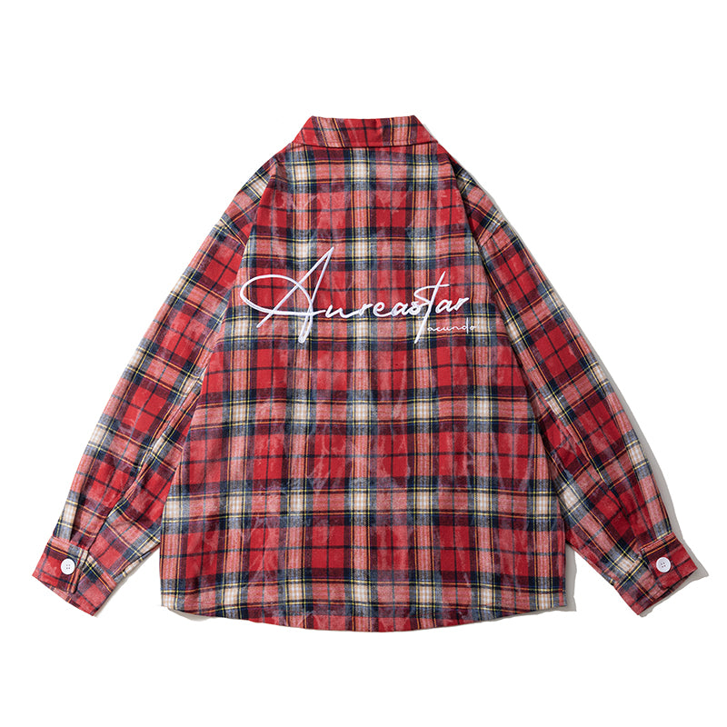 Spring and Autumn American Retro Embroidered Red Checkered Sun-protective Shirts for Men and Women, Long-sleeved Loose Shirt Jackets