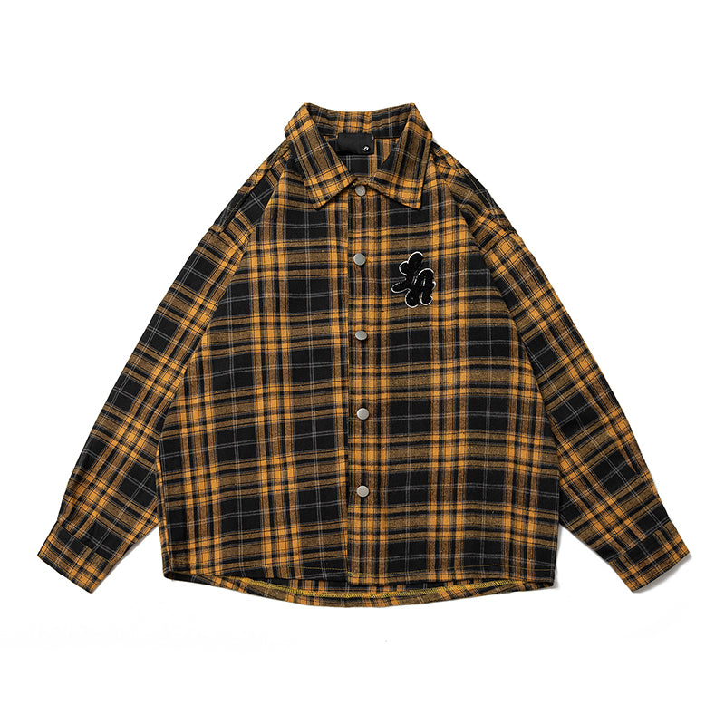 Autumn Towel Embroidery Color-blocking Retro Checkered Shirt for Men, Trendy Long-sleeved Shirt Coat for Women