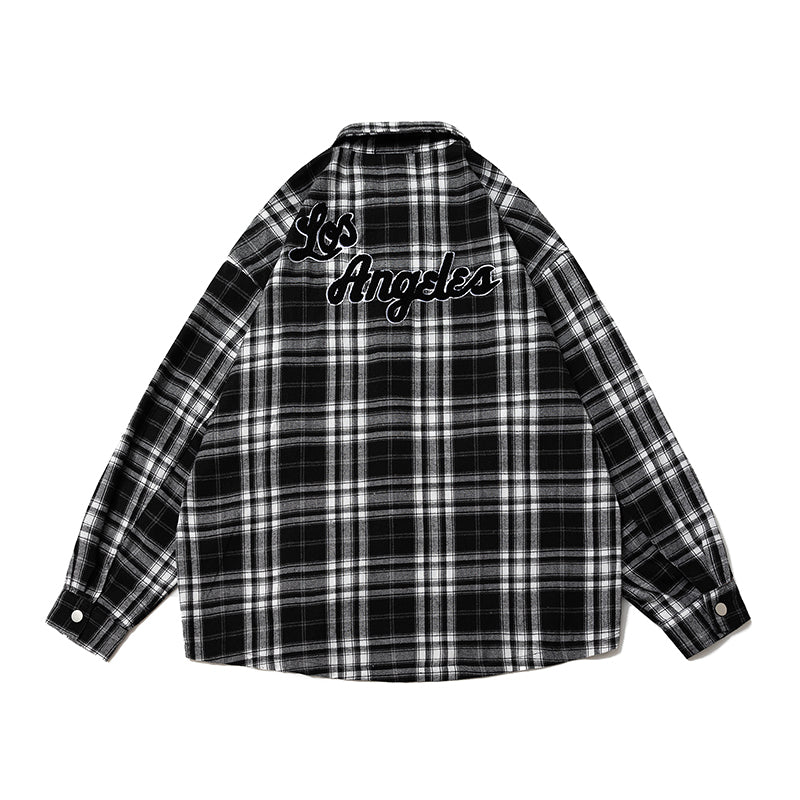 Autumn Towel Embroidery Color-blocking Retro Checkered Shirt for Men, Trendy Long-sleeved Shirt Coat for Women