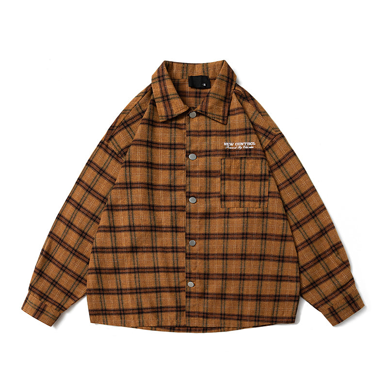A Trendy American Yellow Checkered Shirt for Men, A Thin Summer Brushed Top, A Retro and Casual Checkered Shirt