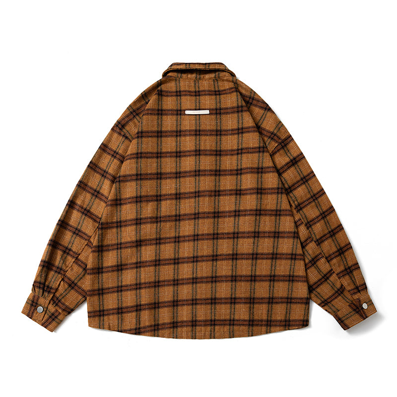 A Trendy American Yellow Checkered Shirt for Men, A Thin Summer Brushed Top, A Retro and Casual Checkered Shirt