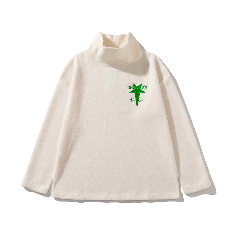 Trendy American Retro Appliqué Embroidered Half-high Collar Pullover Polar Fleece Couple Sweatshirt Top