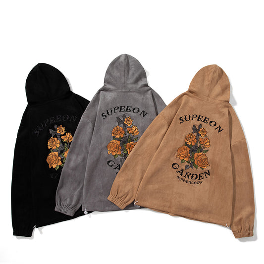 Japanese Men's Suede Hooded Sweatshirt for Autumn and Winter New Collection, A Trendy Brand Retro Embroidered Loose Jacket