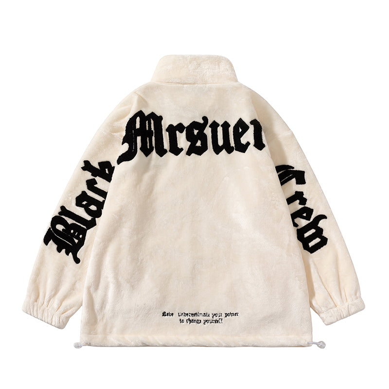 New Winter Men's Wear Lettered Plush Stand-up Collar Top, A Trendy Men's Embroidered Street Loose Bf Casual Warm Jacket