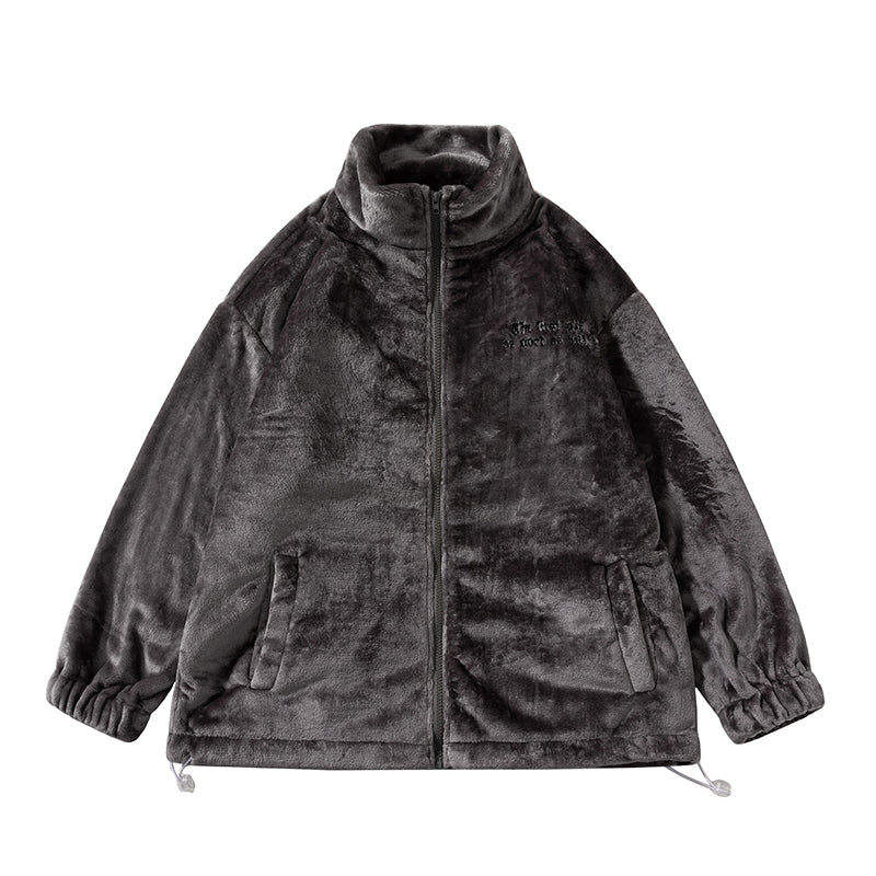 New Winter Men's Wear Lettered Plush Stand-up Collar Top, A Trendy Men's Embroidered Street Loose Bf Casual Warm Jacket