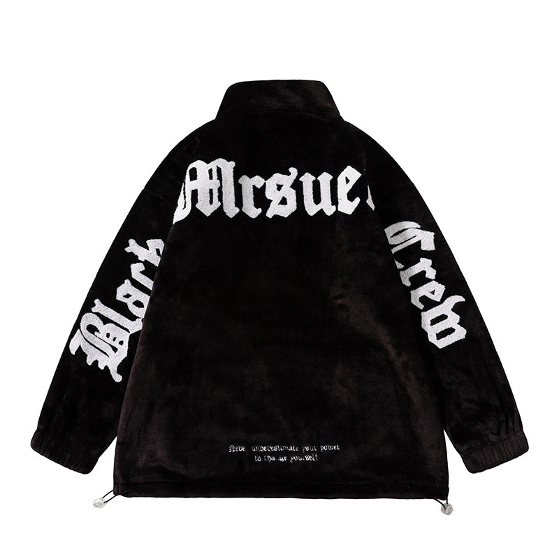 New Winter Men's Wear Lettered Plush Stand-up Collar Top, A Trendy Men's Embroidered Street Loose Bf Casual Warm Jacket