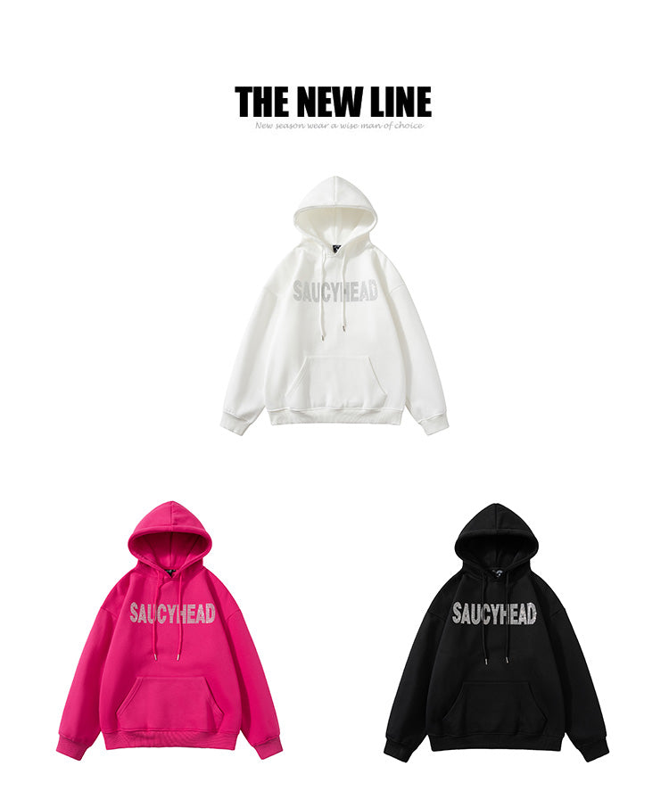 A Hooded Sweatshirt with Embossed Hair and Rhinestone Letters