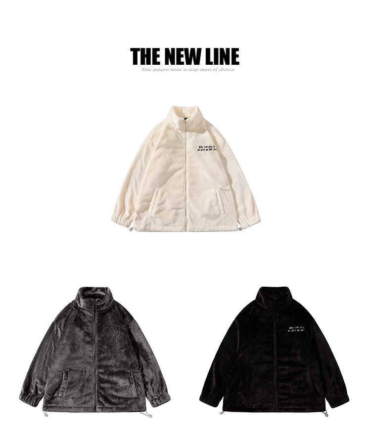 New Winter Men's Wear Lettered Plush Stand-up Collar Top, A Trendy Men's Embroidered Street Loose Bf Casual Warm Jacket