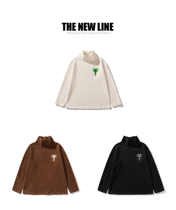 Trendy American Retro Appliqué Embroidered Half-high Collar Pullover Polar Fleece Couple Sweatshirt Top