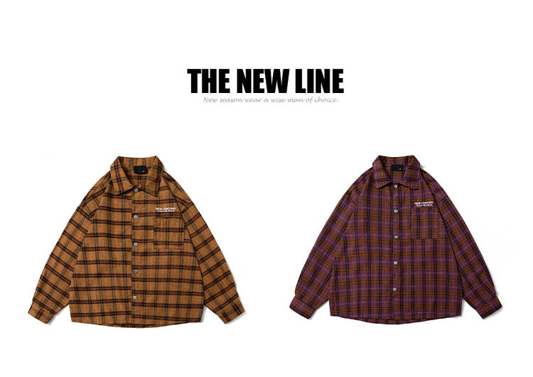 A Trendy American Yellow Checkered Shirt for Men, A Thin Summer Brushed Top, A Retro and Casual Checkered Shirt
