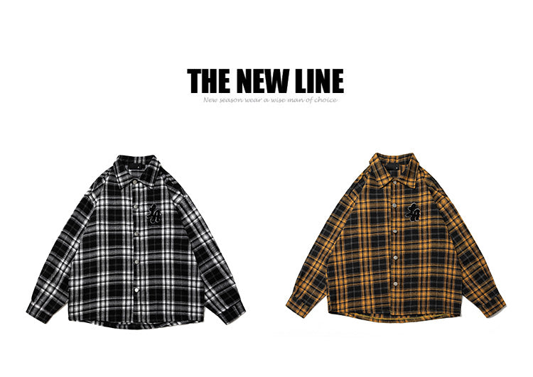 Autumn Towel Embroidery Color-blocking Retro Checkered Shirt for Men, Trendy Long-sleeved Shirt Coat for Women