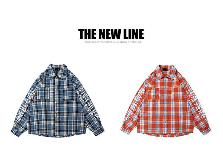 A Checkered Letter Printed Shirt Jacket for Men, A Casual, Loose and Laid-back Style Thin Long-sleeved Shirt from An INS Streetwear Brand