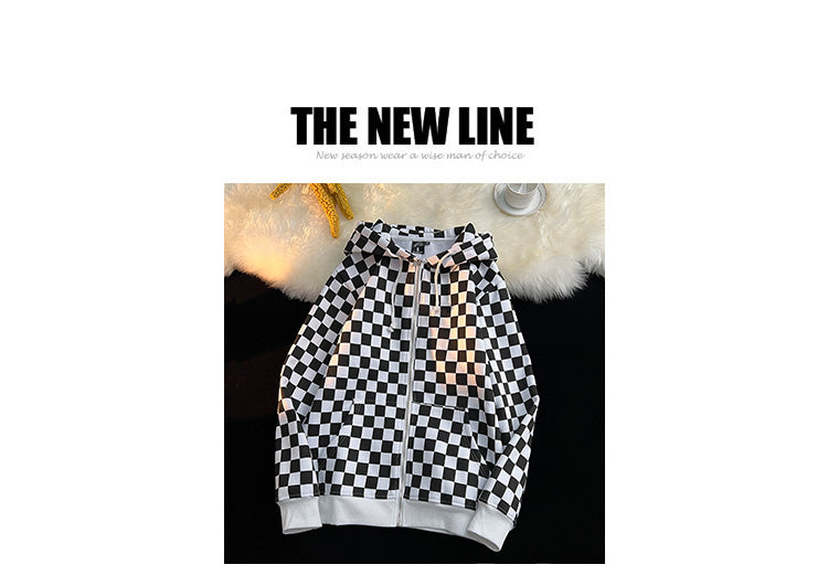 Racing Black and White Checkered Cardigan Fleece Warm Hooded Sweatshirt Jacket