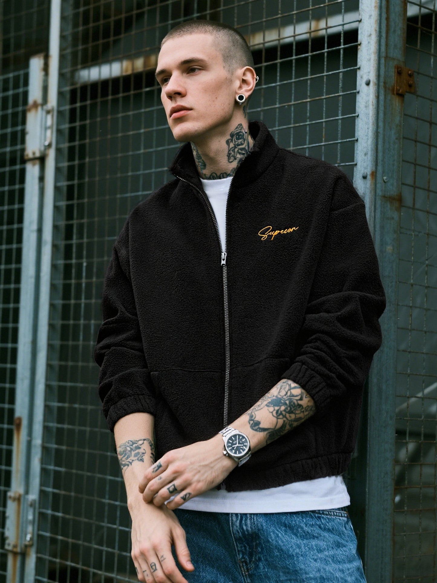 American Style Zipper Cardigan Hoodless Sweatshirt Men's Stand Collar Loose Trend Spring and Autumn Youth Sports Casual Jacket