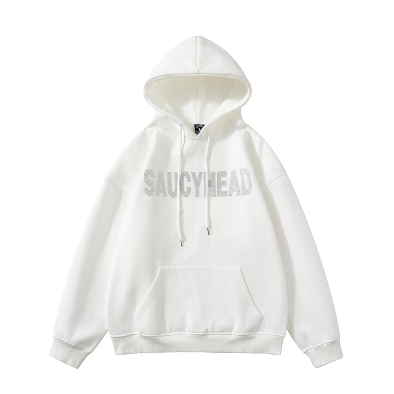 A Hooded Sweatshirt with Embossed Hair and Rhinestone Letters