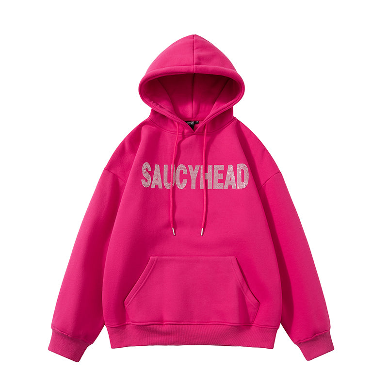 A Hooded Sweatshirt with Embossed Hair and Rhinestone Letters