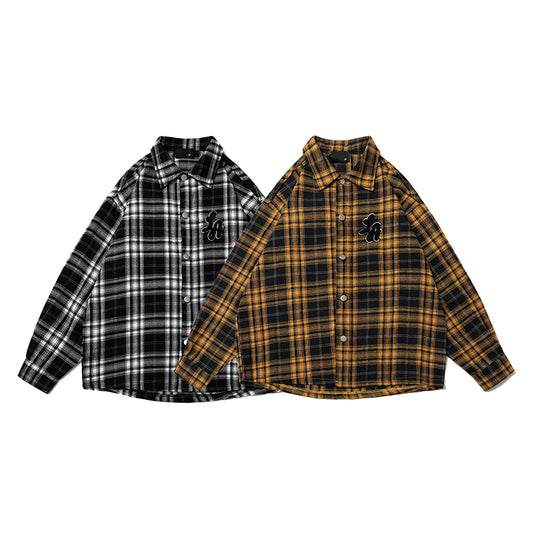 Autumn Towel Embroidery Color-blocking Retro Checkered Shirt for Men, Trendy Long-sleeved Shirt Coat for Women