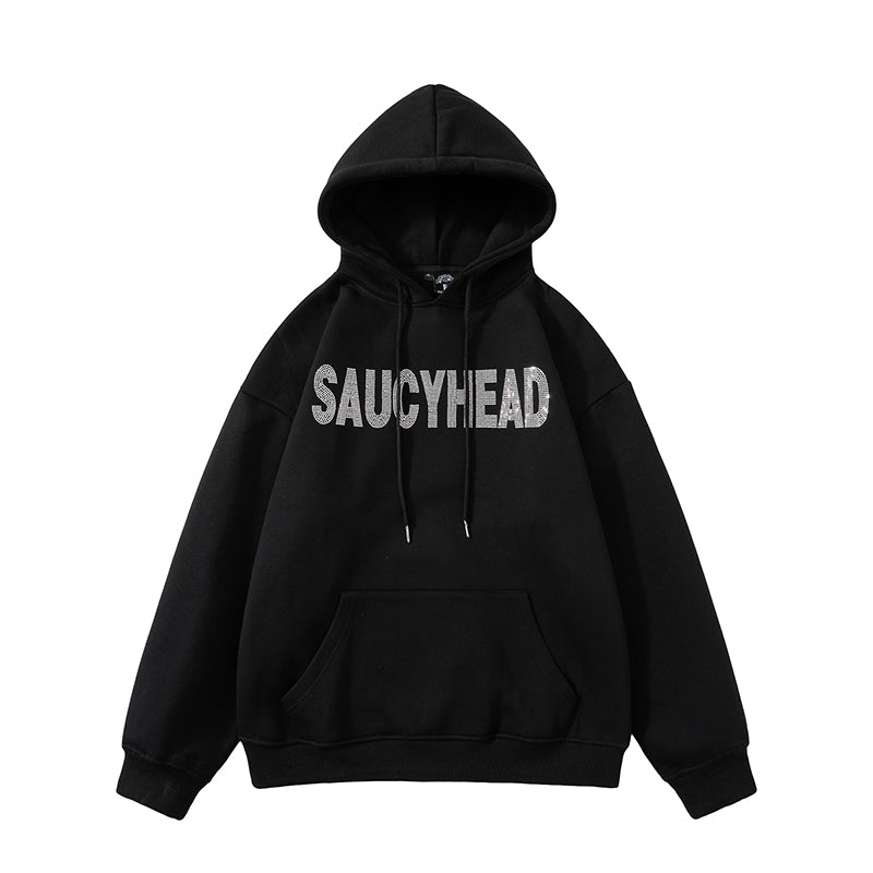 A Hooded Sweatshirt with Embossed Hair and Rhinestone Letters