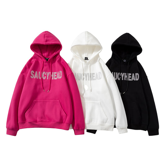 A Hooded Sweatshirt with Embossed Hair and Rhinestone Letters